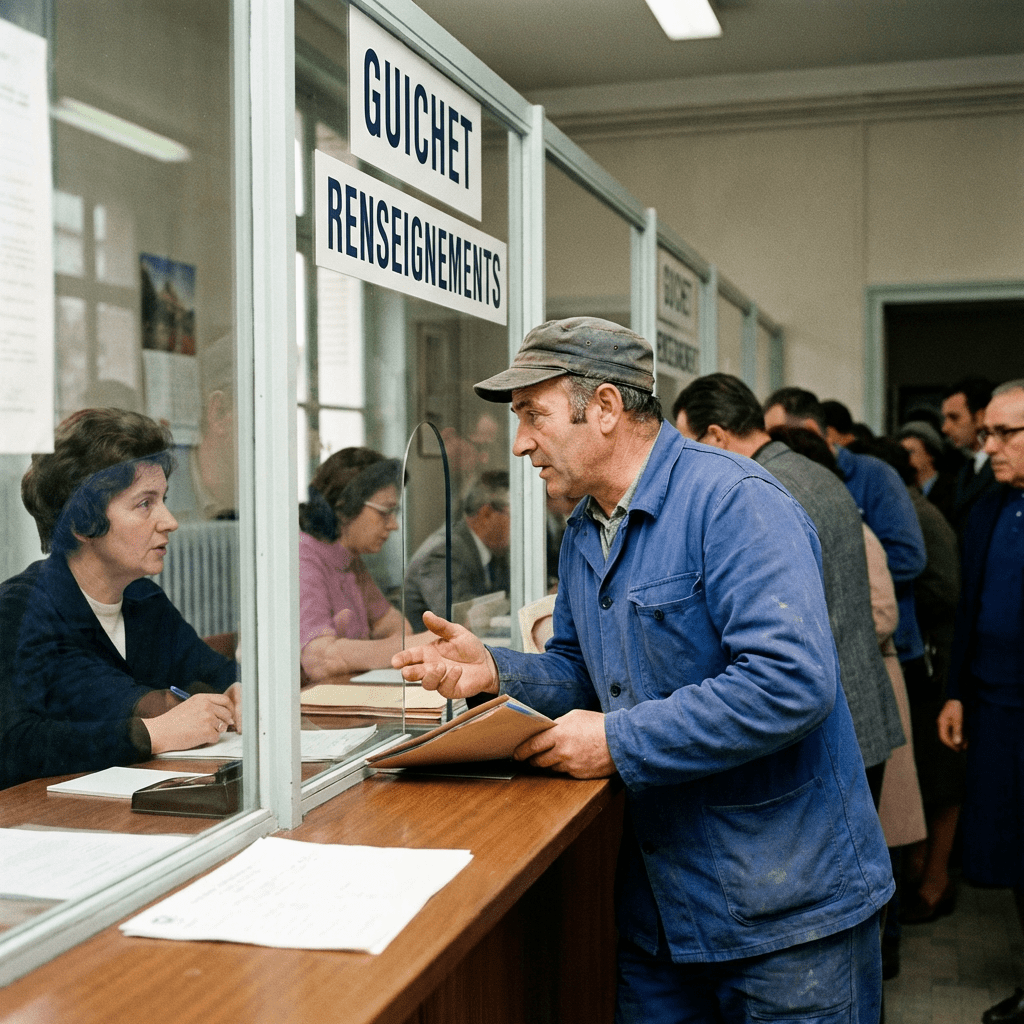Man at a counter with GUICHET RENSEIGNEMENTS signs talking to a female clerk.