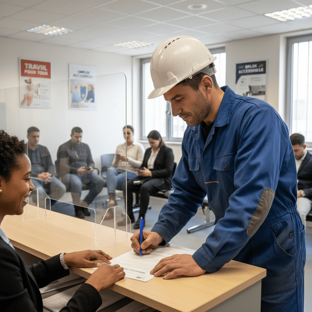 A worker in a blue jumpsuit signing a document at a service counter.