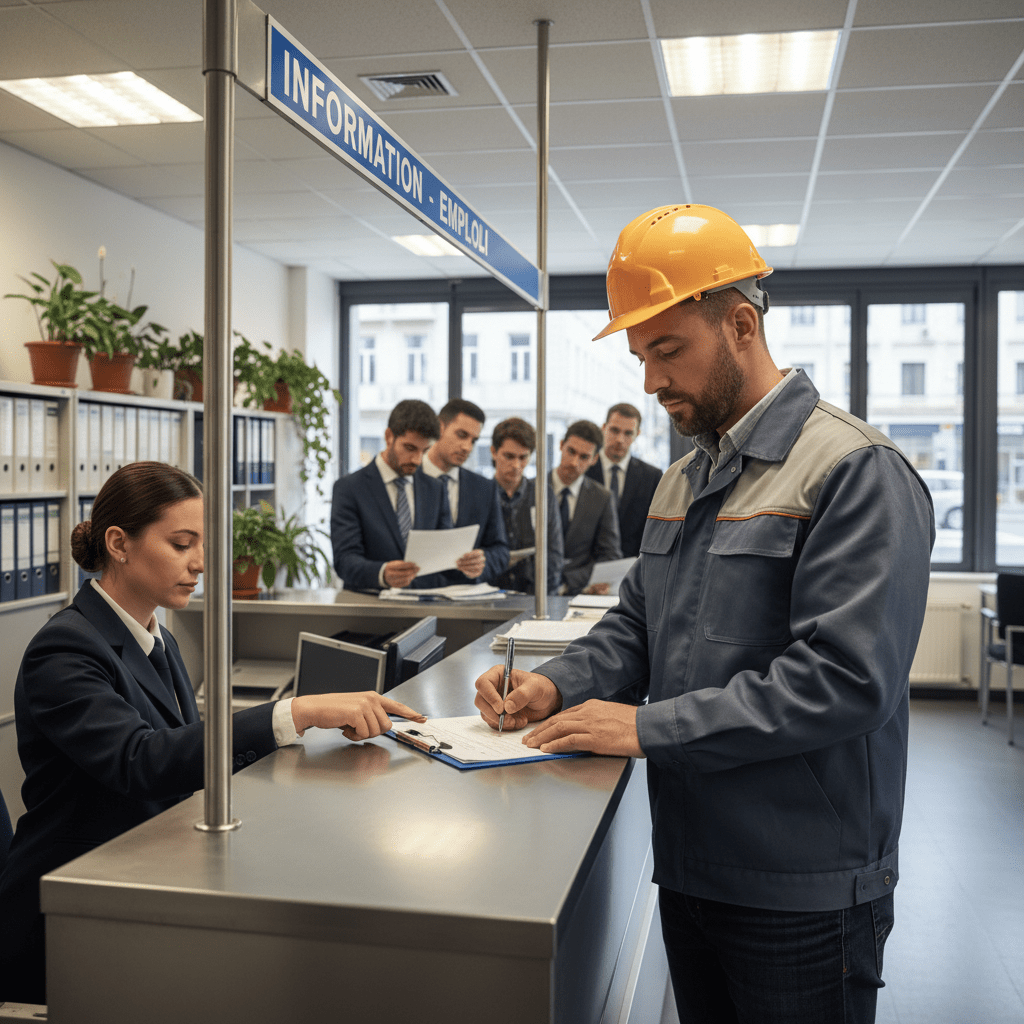 Man in hard hat signing papers at an INFORMATION - EMPLOI service counter.