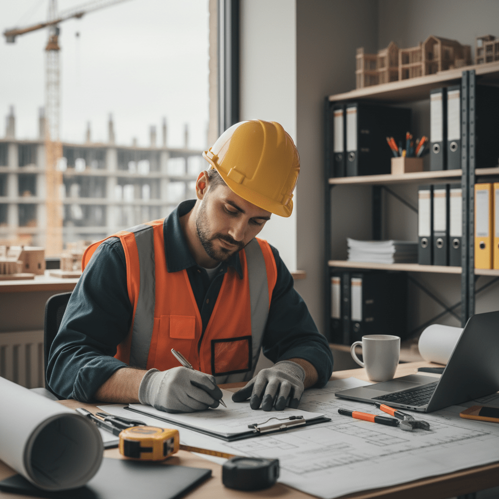 Construction professional in safety gear writing on blueprints at a desk with site views.