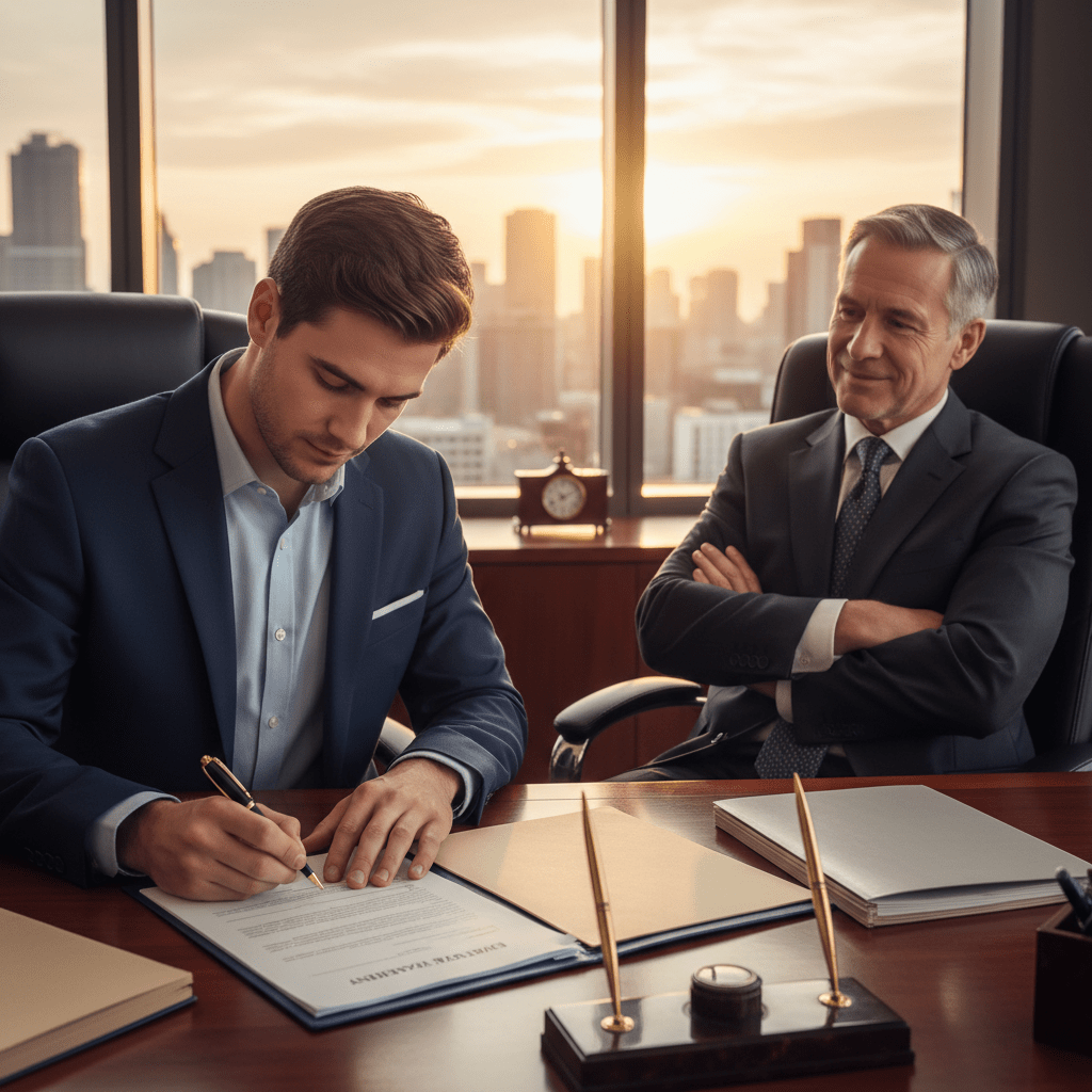 Businessman signs a document while a senior colleague observes in a high-rise office at sunset.