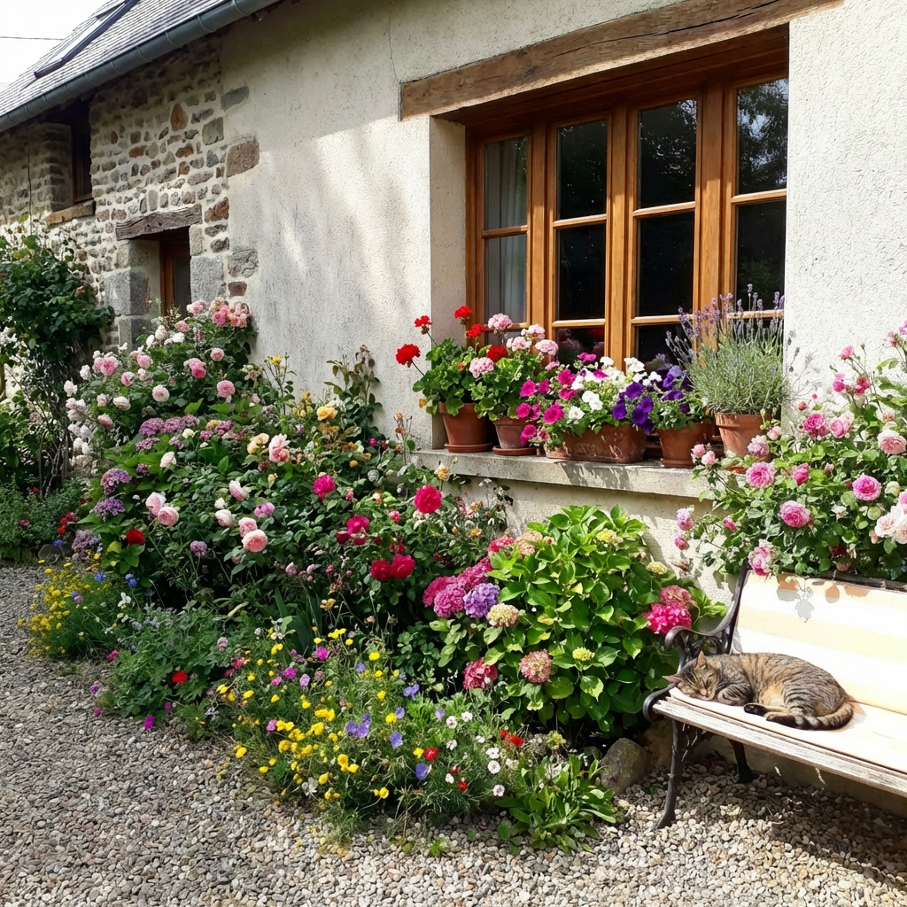 Tabby cat sleeping on a garden bench beside a house with blooming flower gardens.