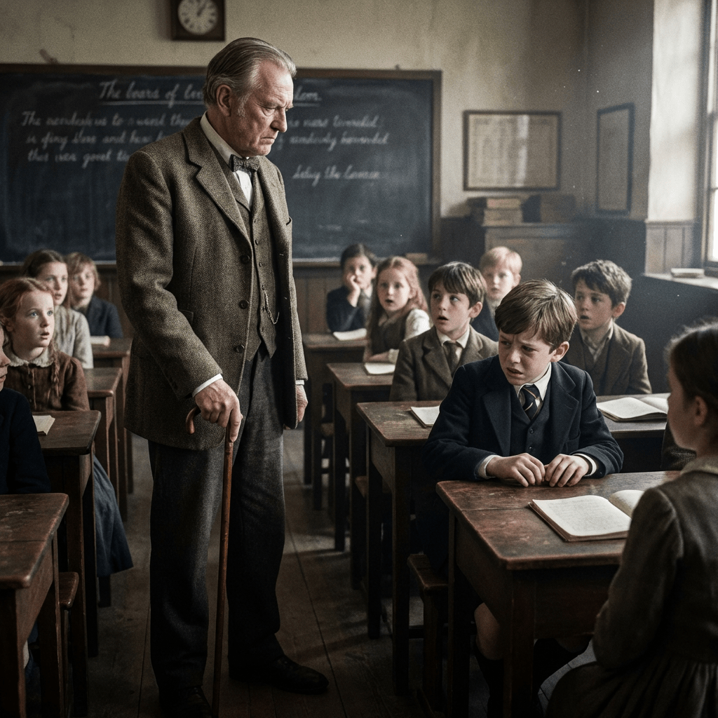 A stern teacher with a cane standing beside seated schoolchildren in vintage classroom