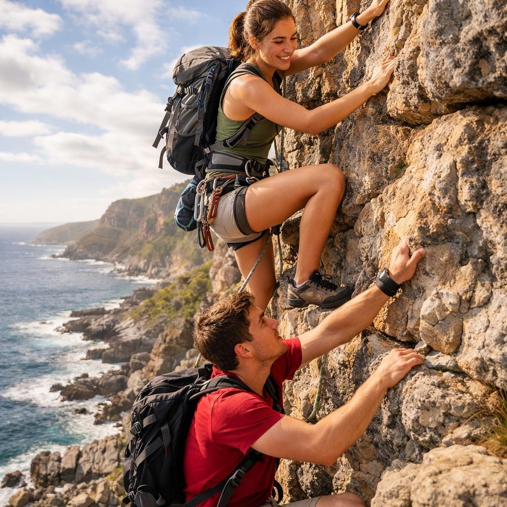 Man and woman rock climbing on coastal cliff with safety gear