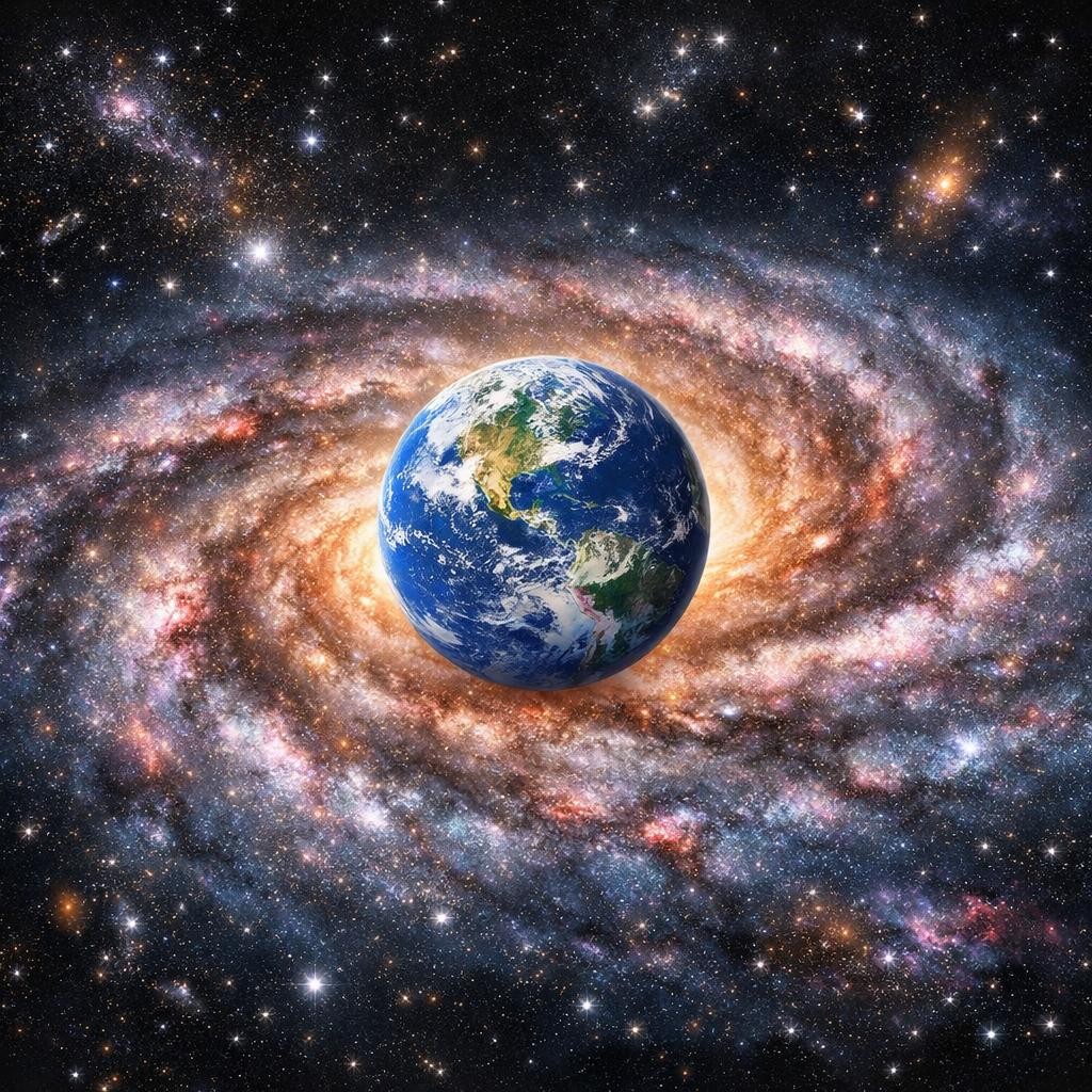 Earth centered in a bright spiral galaxy surrounded by stars