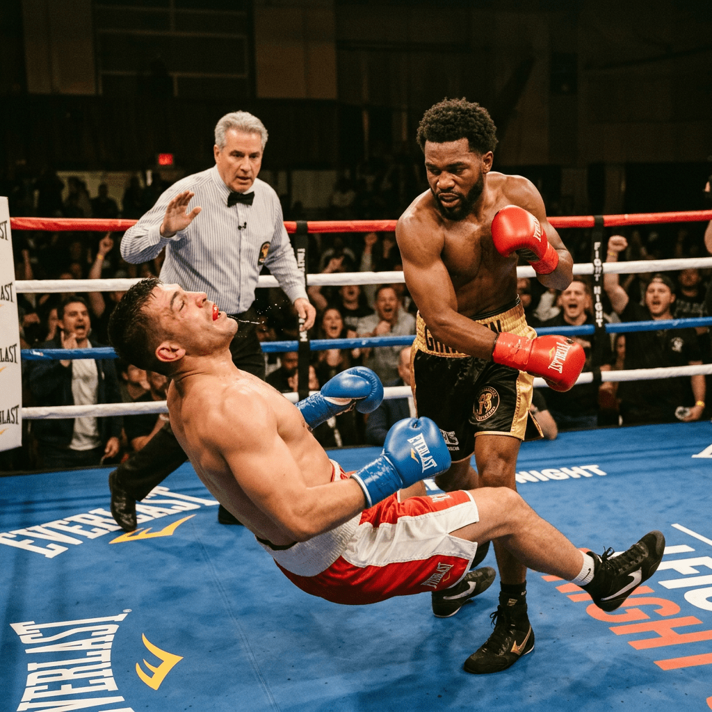 Boxer in black and gold shorts knocking down opponent in red and white shorts during match