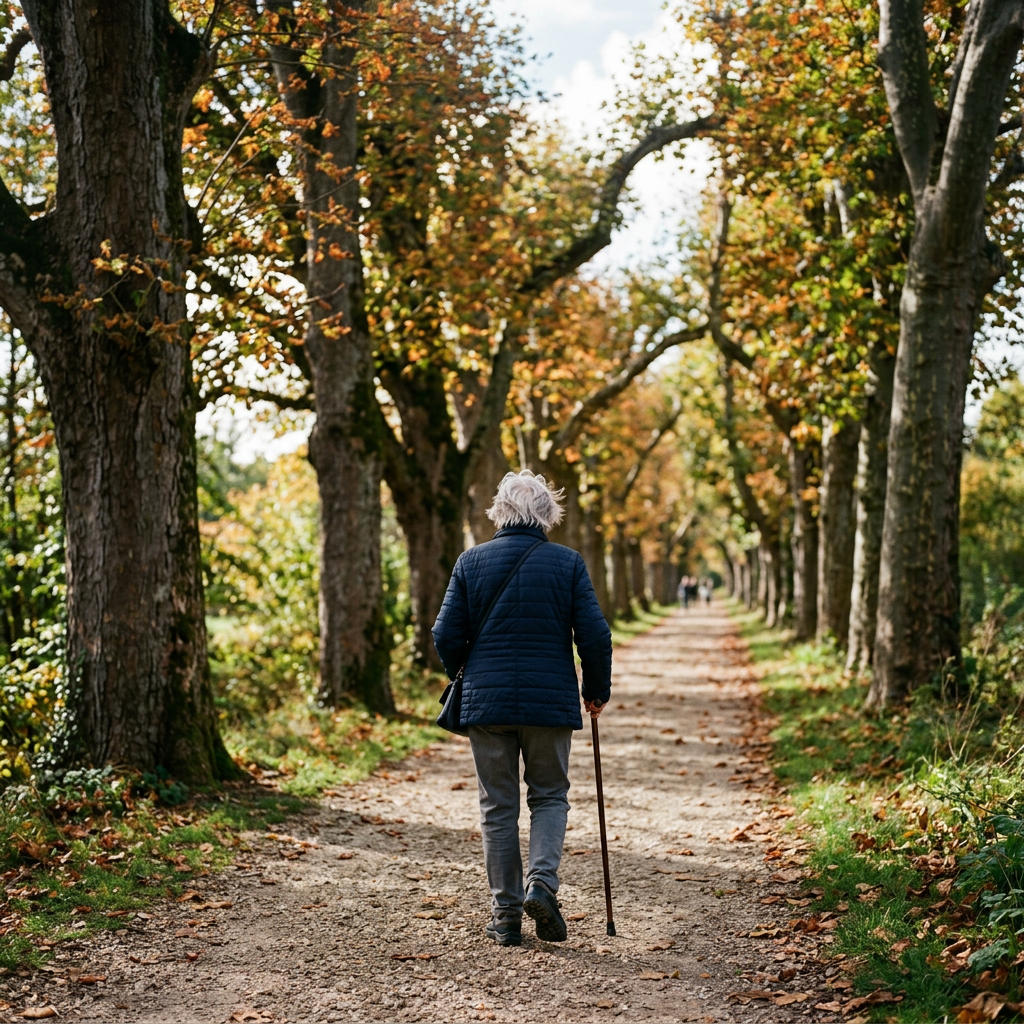 Older adult walking along a tree-lined autumn path with a cane