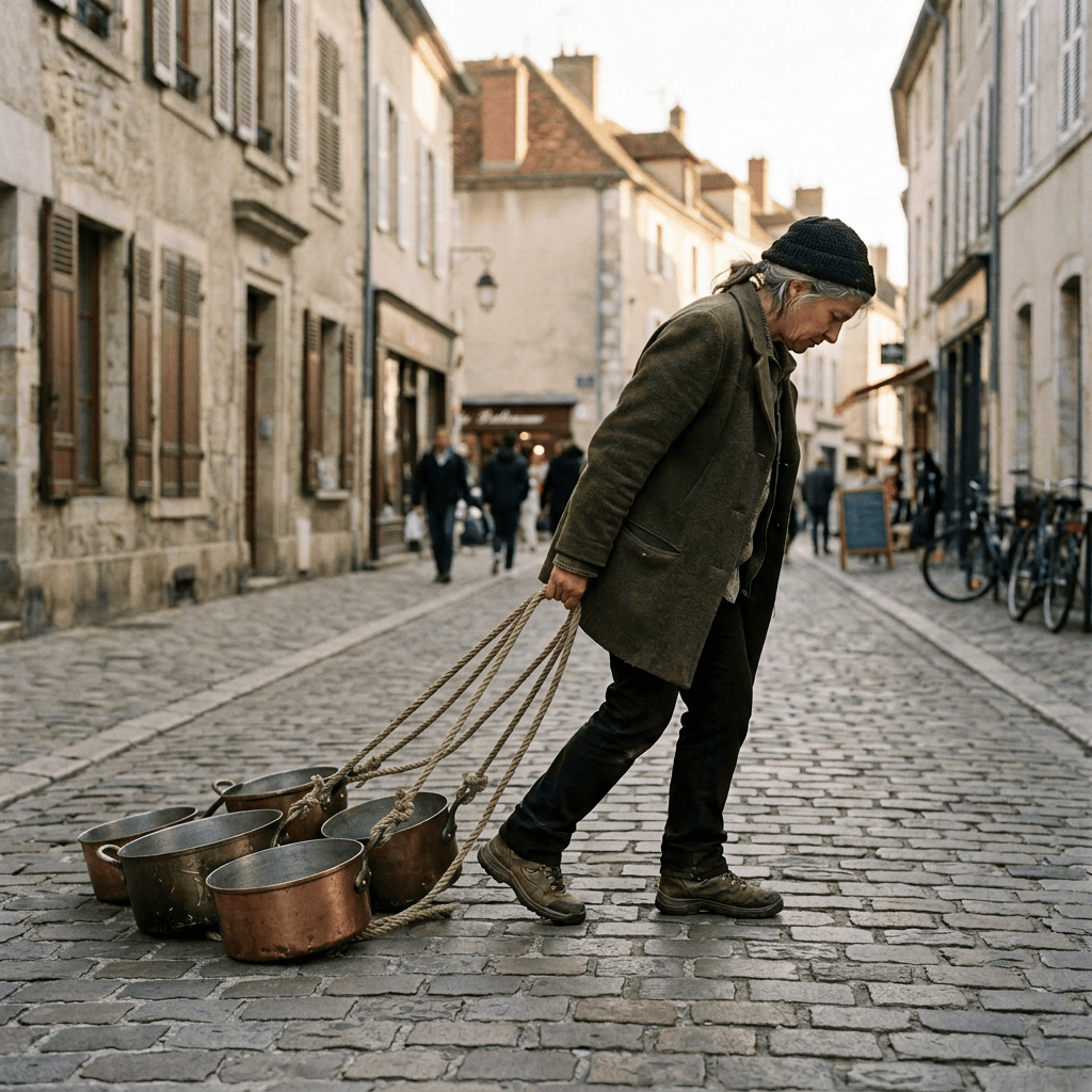 Person pulling a large metal pot by ropes along a cobblestone street