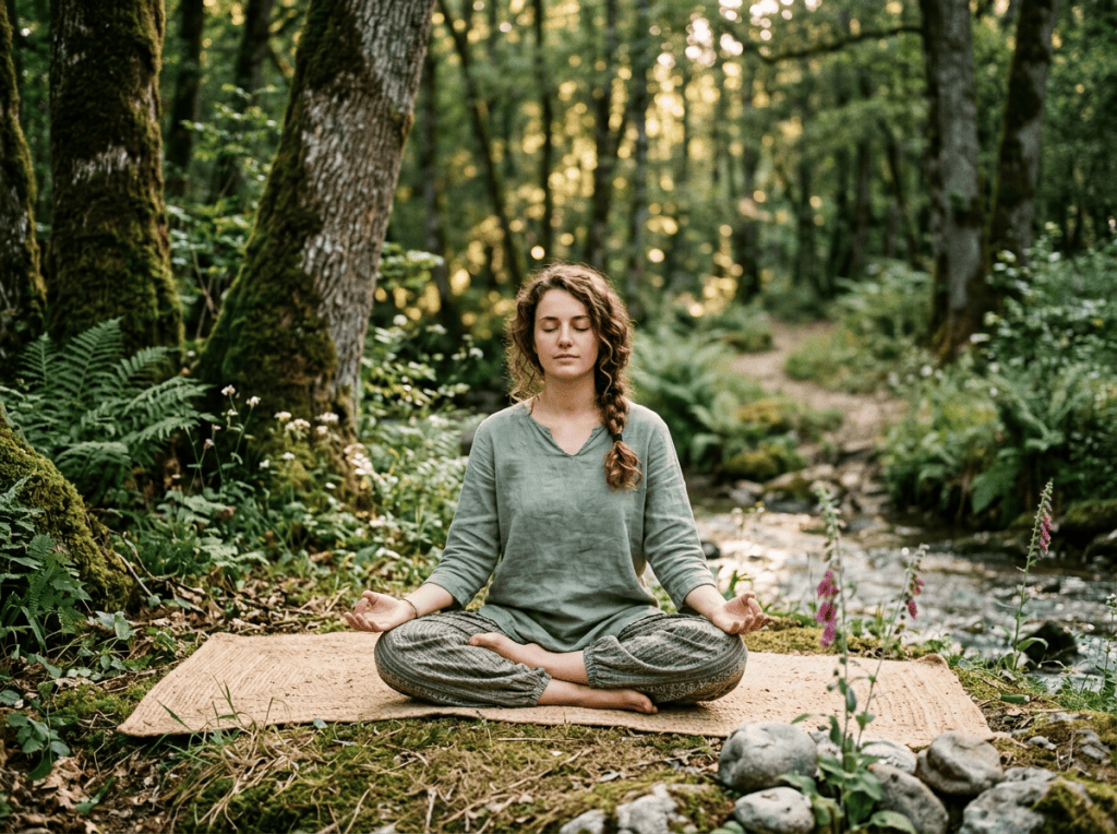 Woman meditating cross-legged on a mat in a lush forest beside a stream