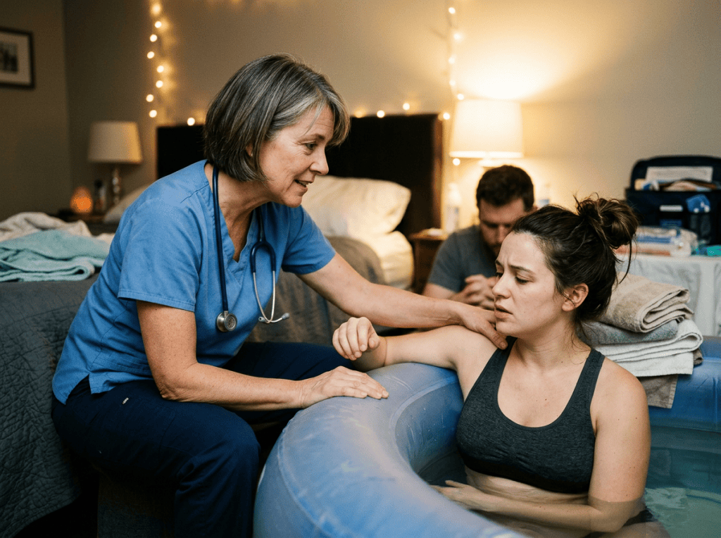 Midwife supporting a laboring woman in an inflatable birth pool