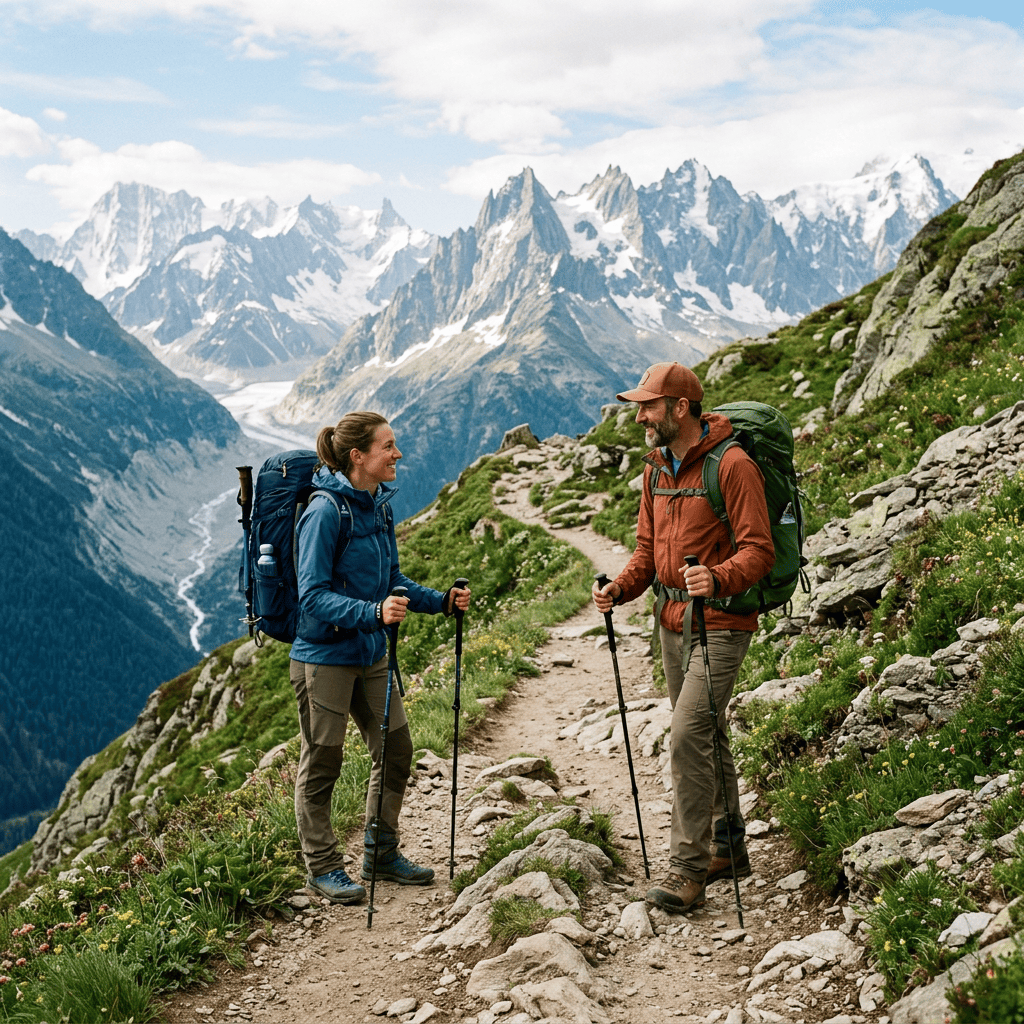Two hikers with backpacks pause on a rocky alpine trail